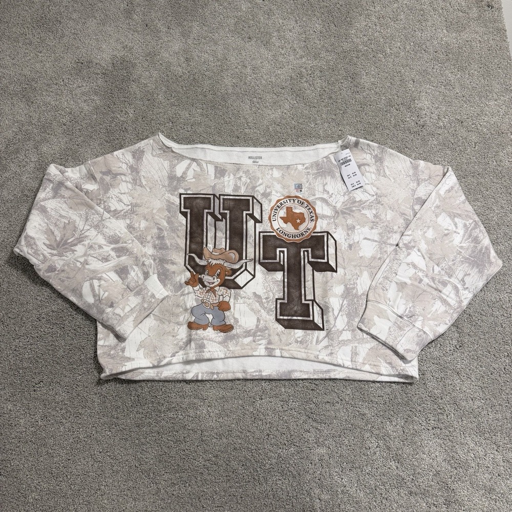 Hollister‎ Texas Longhorns Sweatshirt Womens Sz M Camo Cropped Off Shoulder NWT